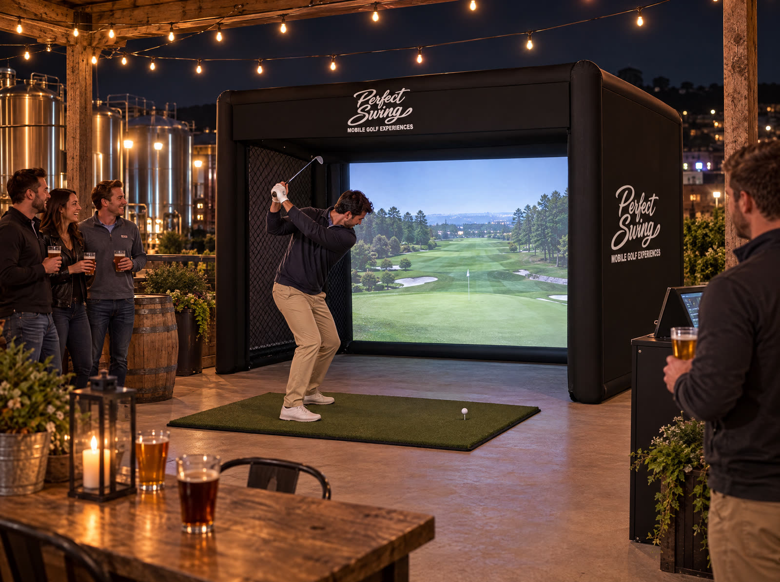 Friends with pints watching a swing at a golf simulator on a brewery patio
