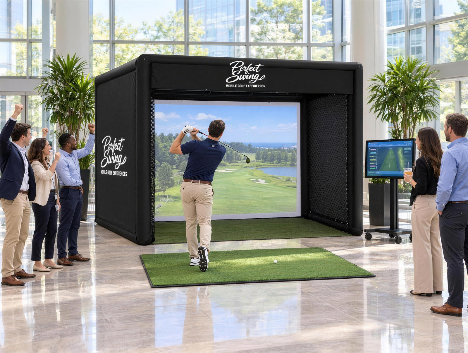 Coworkers cheering a swing at a golf simulator set up in an office lobby