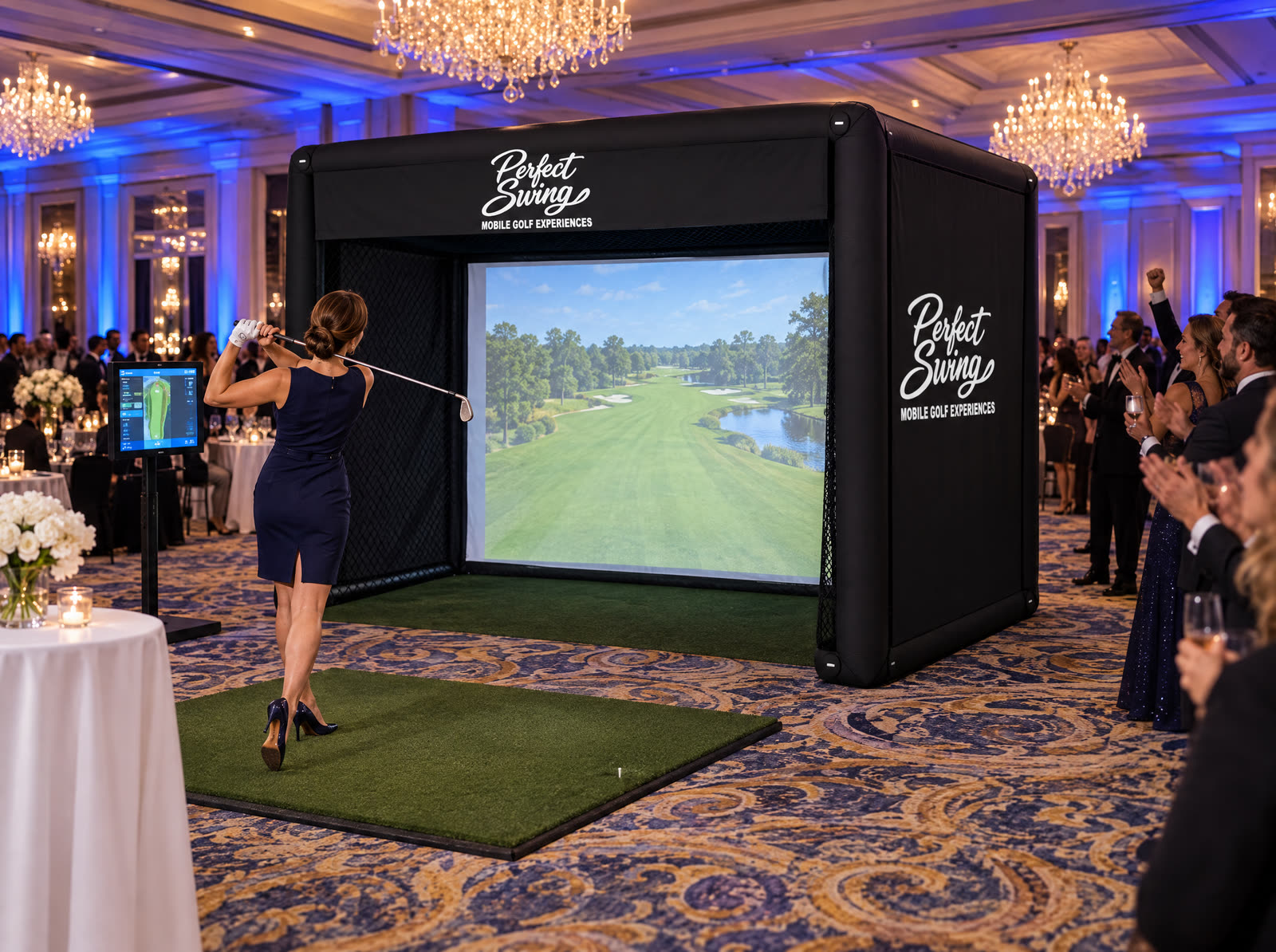 Gala guests lined up at a golf simulator in a hotel ballroom