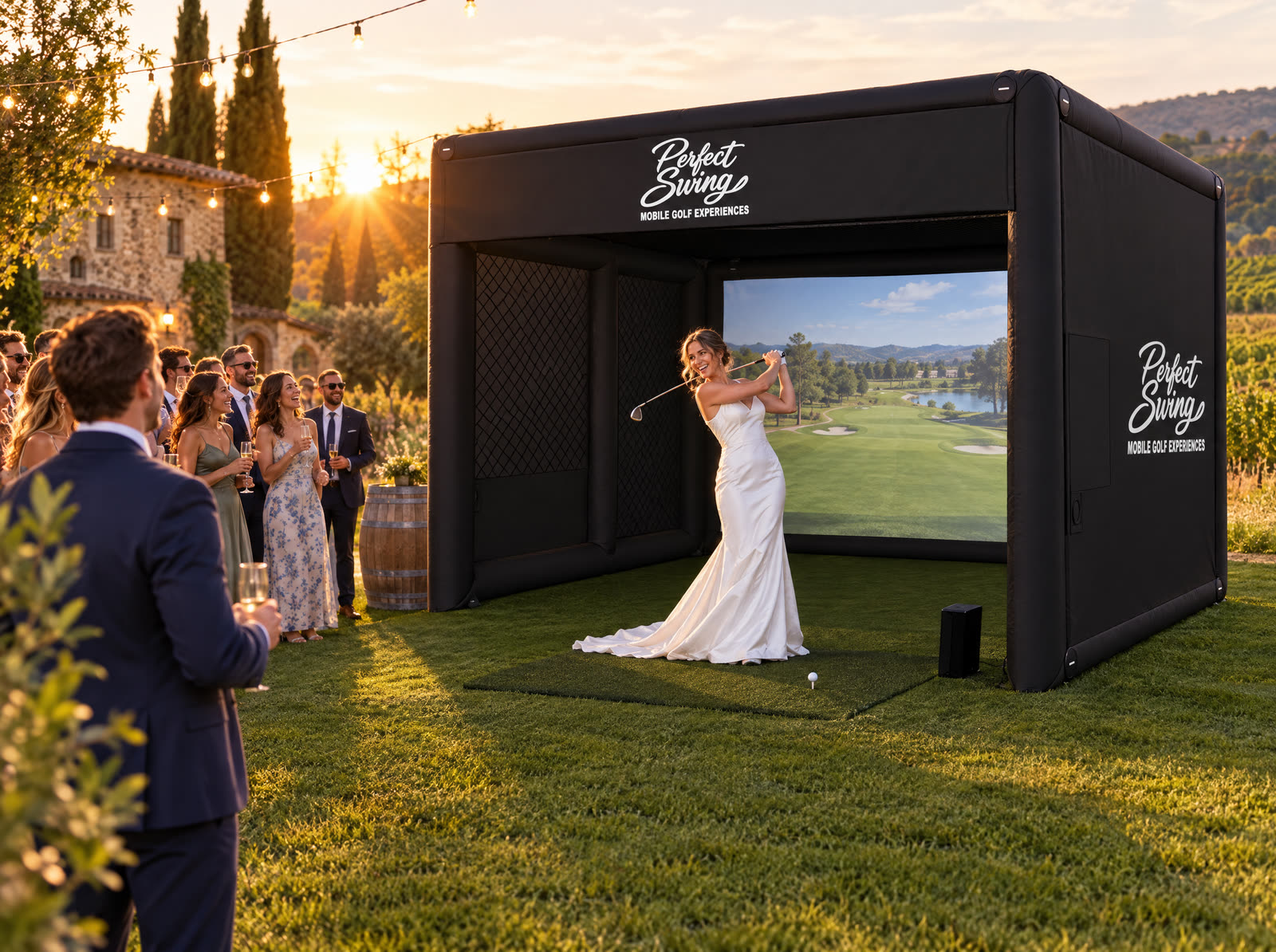 Bride taking a swing at a golf simulator on a wedding venue lawn at sunset