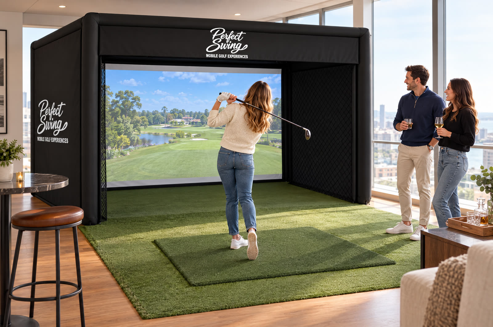Guests laughing beside an indoor golf simulator bay while a friend swings