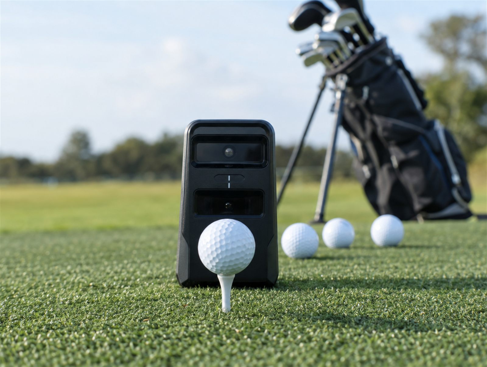 Launch monitor on turf behind a teed golf ball, clubs in the background