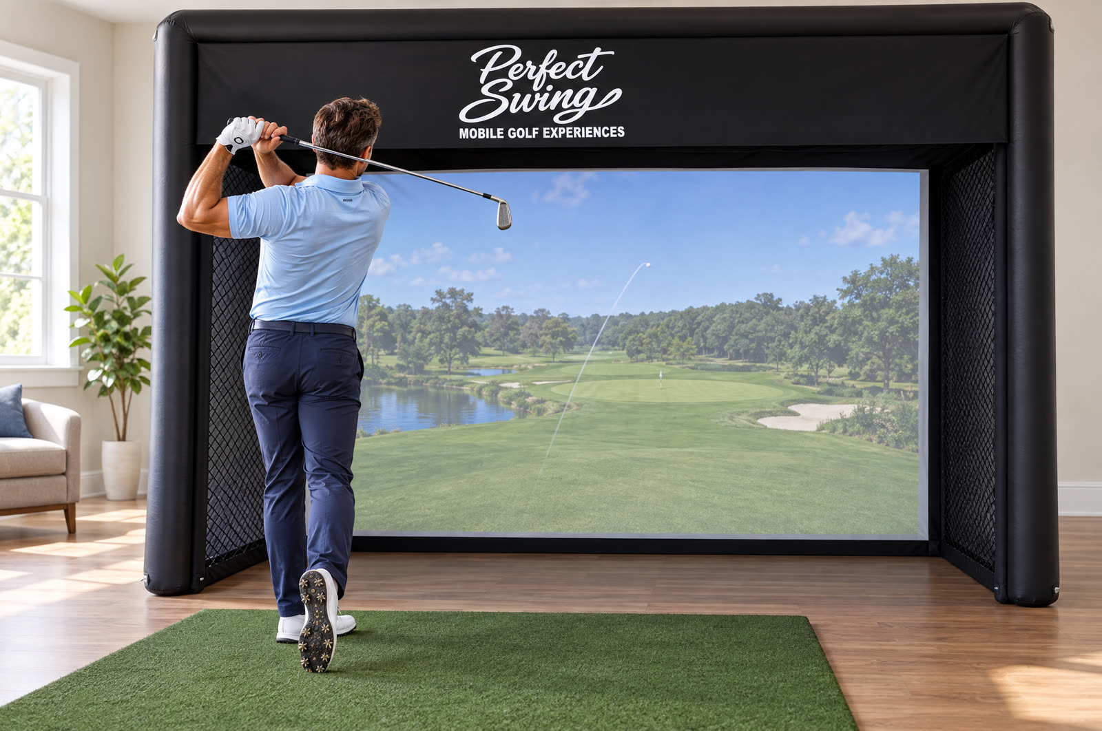 Golfer following through toward the simulator screen